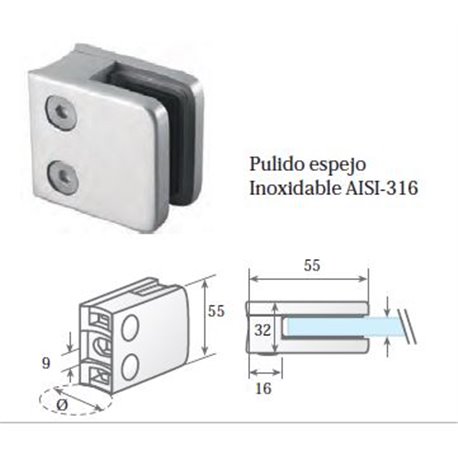 Clip prensacristal cuadrado 55X55X32 mm