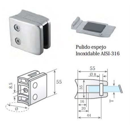 Clip prensacristal cuadrado 55X55X35 mm