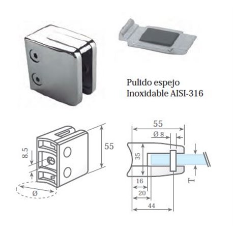 Clip prensacristal cuadrado 55X55X35 mm