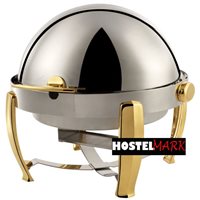Chafing dish redondo con tapa roll top y pies dorados